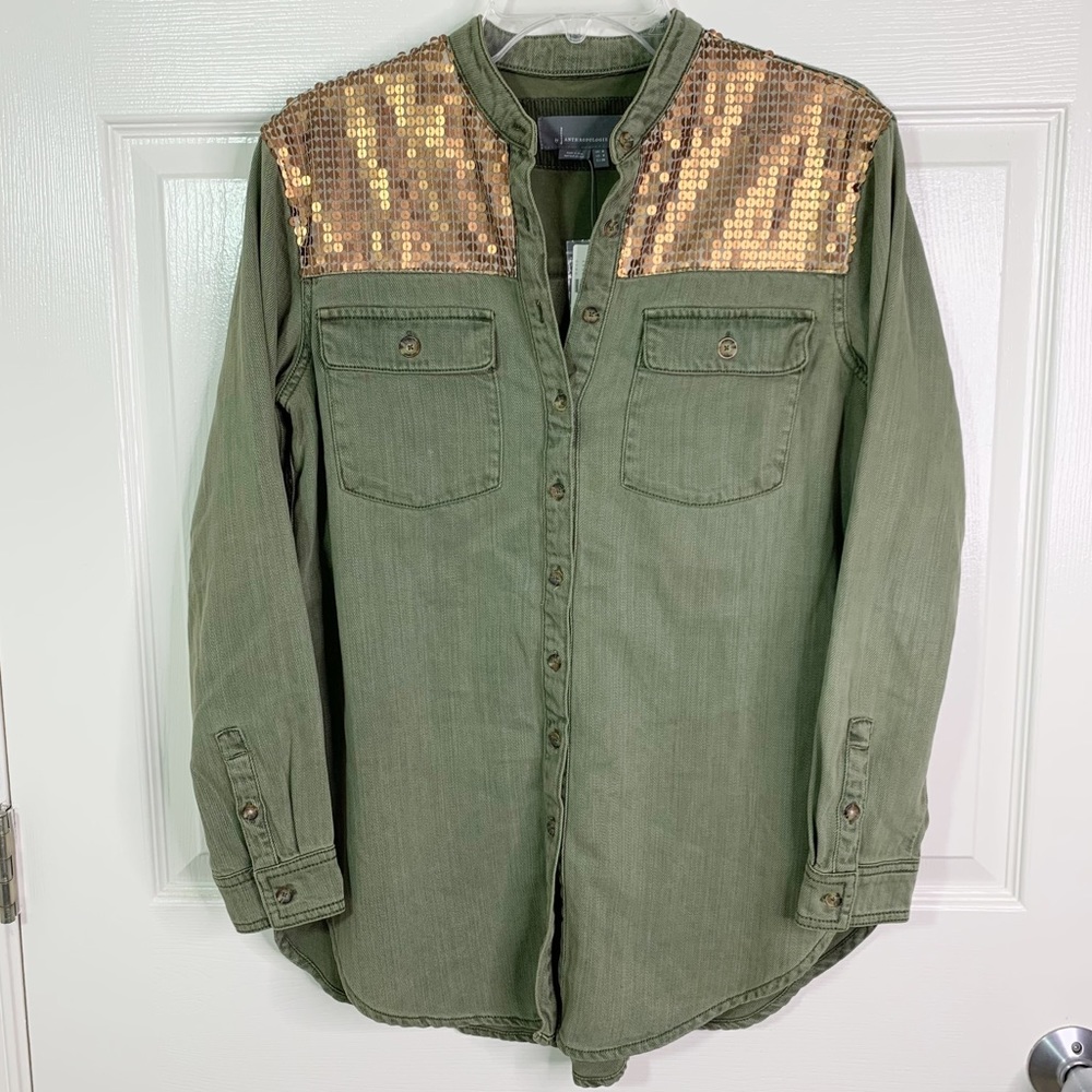 Anthropologie Fatigue Button Down Copper Sequins